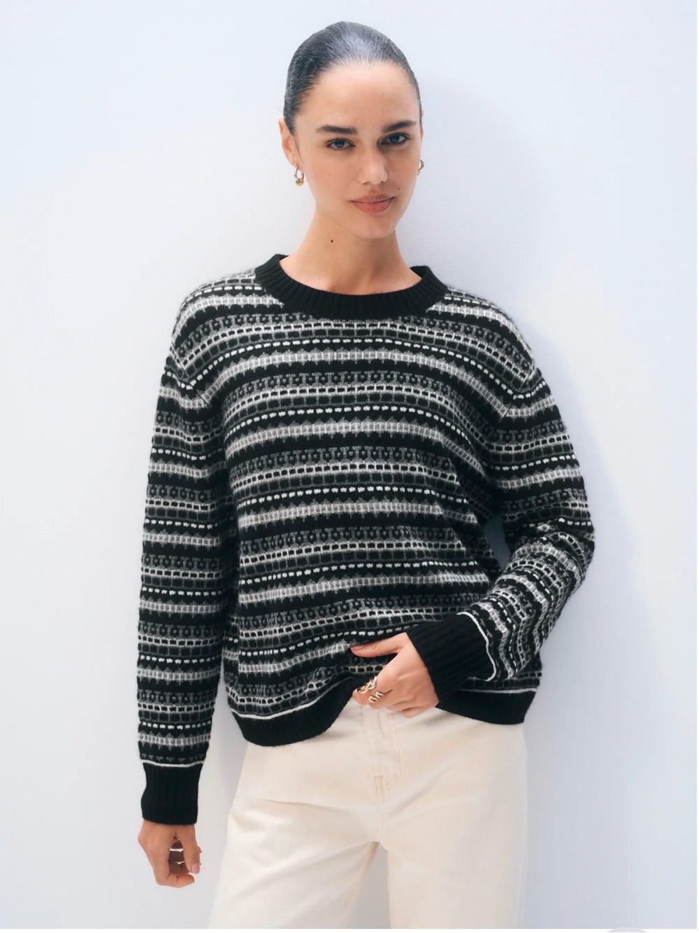 White + Warren Women’s Cashmere Fair Isle Crewneck Sweater Quiet Luxury Medium